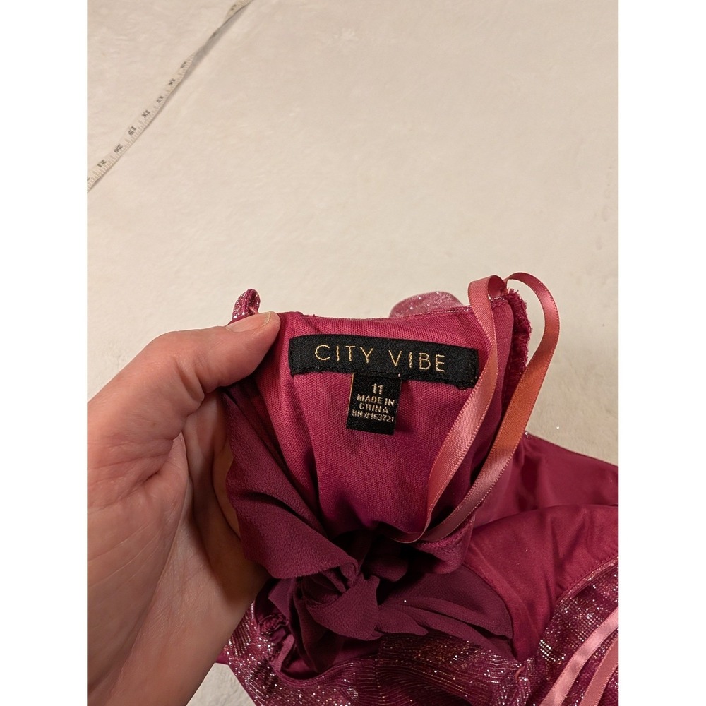 City Vibe Womens Junior Magenta Glitter Metallic Bow Flare Dress Size 11 Formal - Picture 11 of 11